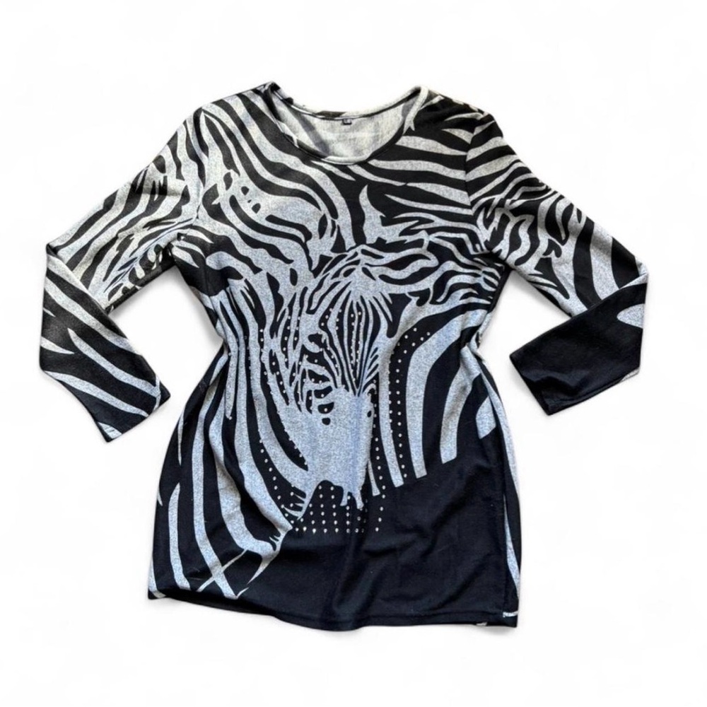 Zebra print long sleeve top Y2K black grey animal print L/XL 💋